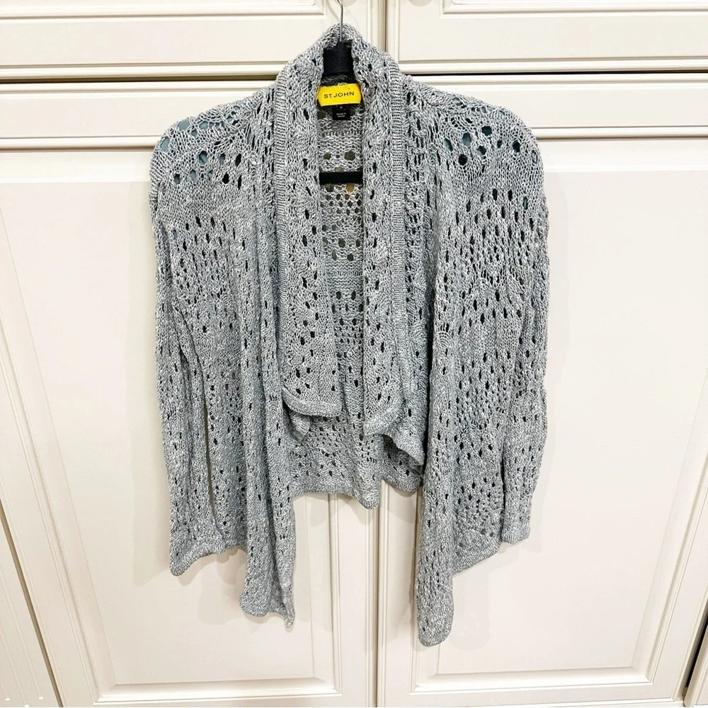St John Designer Luxury Women’s Pale Blue Open Crochet Knit Waterfall Cardigan M